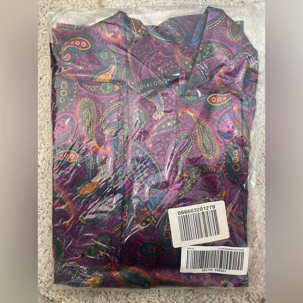 Vintage Dialogue Womens Purple Paisley Blouse w Scarf NWT Unopened A93708 QVC 2X